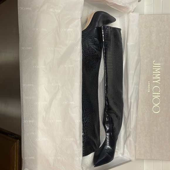 Jimmy Choo Mavis 100 Navy Croc Embossed leather knee high boots - Picture 2 of 7